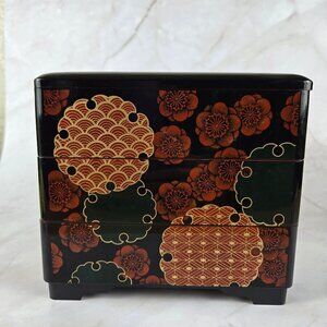 Vintage MMA Japanese Tiered Stacking Box Lacquered Red Black Gold Floral 1992